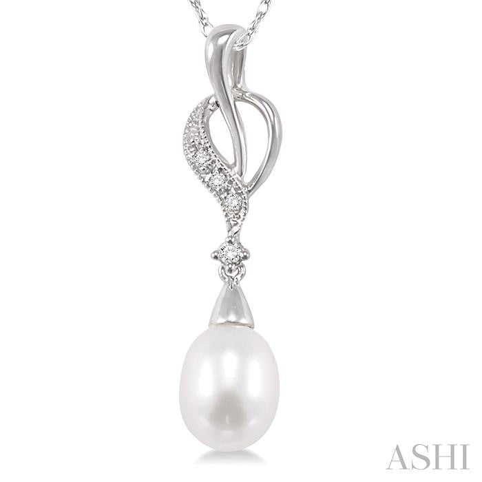 9x7 MM Briolette Cut Cultured Pearl and 1/20 Ctw Round Cut Diamond Drop Pendant in 10K White Gold with Chain