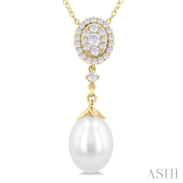 9X7 MM Oval Shape Mount Cultured Pearl Drop and 1/5 Ctw Round Cut Diamond Fashion Pendant With Chain in 14K Yellow Gold