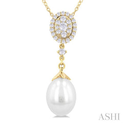 9X7 MM Oval Shape Mount Cultured Pearl Drop and 1/5 Ctw Round Cut Diamond Fashion Pendant With Chain in 14K Yellow Gold