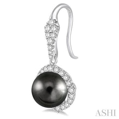8 MM Black Cultured Pearls and 5/8 Ctw Round Cut Diamond Earrings in 14K White Gold
