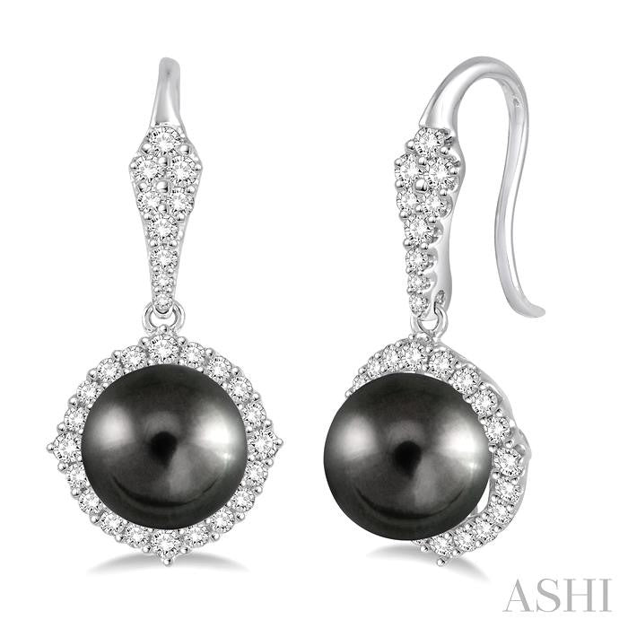 8 MM Black Cultured Pearls and 5/8 Ctw Round Cut Diamond Earrings in 14K White Gold
