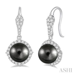 8 MM Black Cultured Pearls and 5/8 Ctw Round Cut Diamond Earrings in 14K White Gold