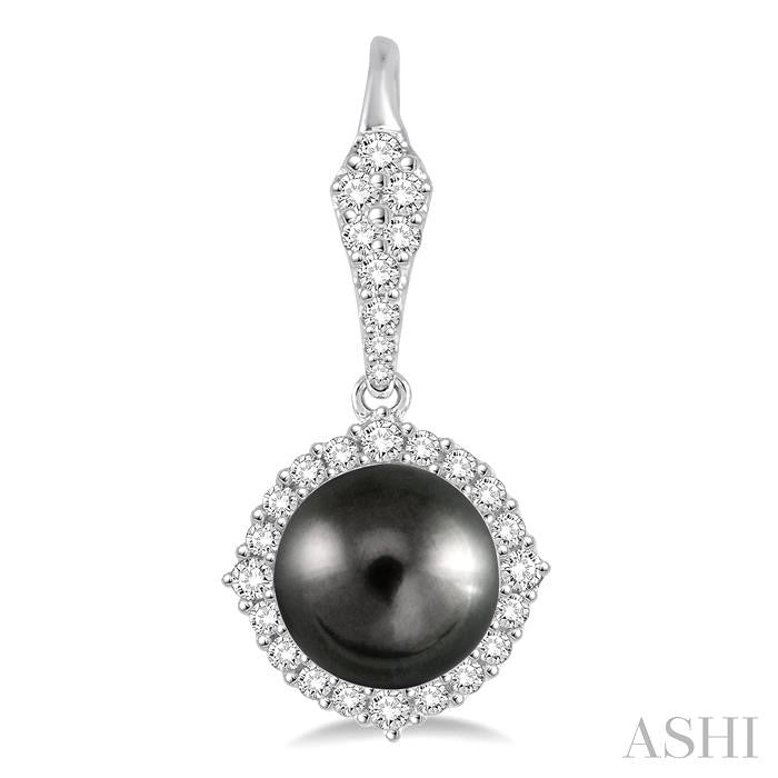 8 MM Black Cultured Pearls and 5/8 Ctw Round Cut Diamond Earrings in 14K White Gold