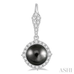 8 MM Black Cultured Pearls and 5/8 Ctw Round Cut Diamond Earrings in 14K White Gold