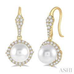 8 MM Cultured Pearls and 5/8 Ctw Round Cut Diamond Earrings in 14K Yellow Gold