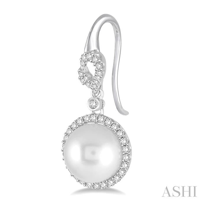 10 MM Cultured Pearls and 5/8 Ctw Round Cut Diamond Earrings in 14K White Gold