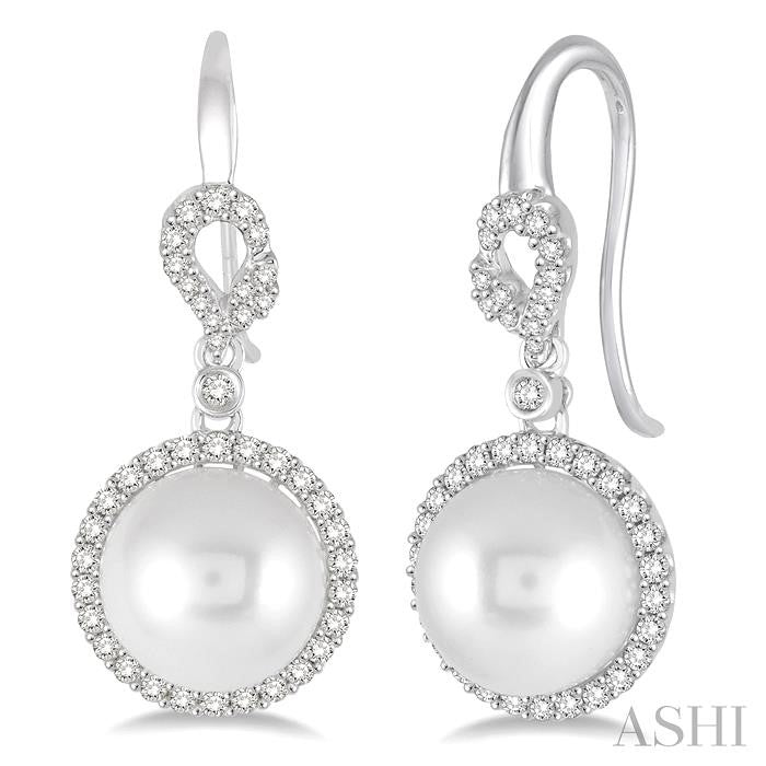 10 MM Cultured Pearls and 5/8 Ctw Round Cut Diamond Earrings in 14K White Gold