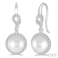 10 MM Cultured Pearls and 5/8 Ctw Round Cut Diamond Earrings in 14K White Gold