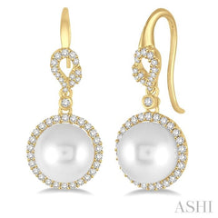 10 MM Cultured Pearls and 5/8 Ctw Round Cut Diamond Earrings in 14K Yellow Gold