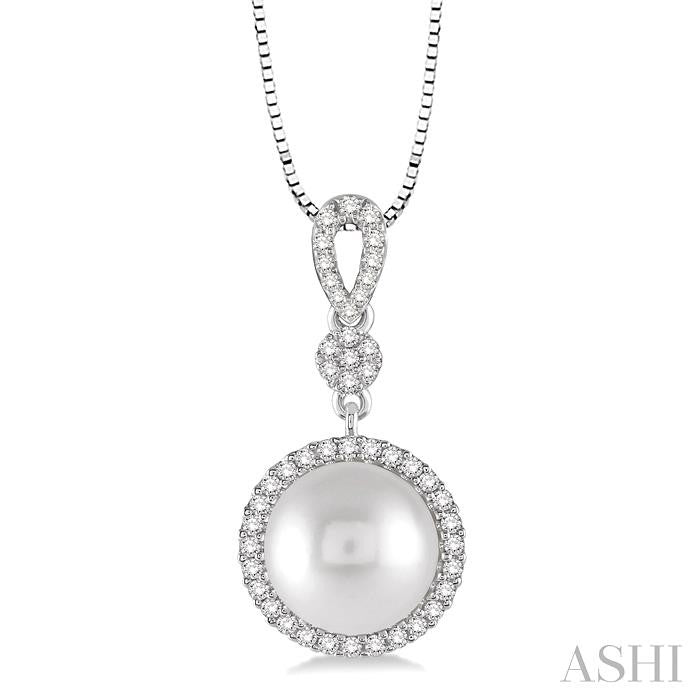 10 MM Cultured Pearl and 1/3 Ctw Round Cut Diamond Pendant in 14K White Gold with Chain