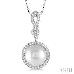 10 MM Cultured Pearl and 1/3 Ctw Round Cut Diamond Pendant in 14K White Gold with Chain