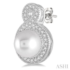 6x6 MM Round Shape Cultured Pearls and 1/4 Ctw Round Cut Diamond Fancy Earrings in 10K White Gold