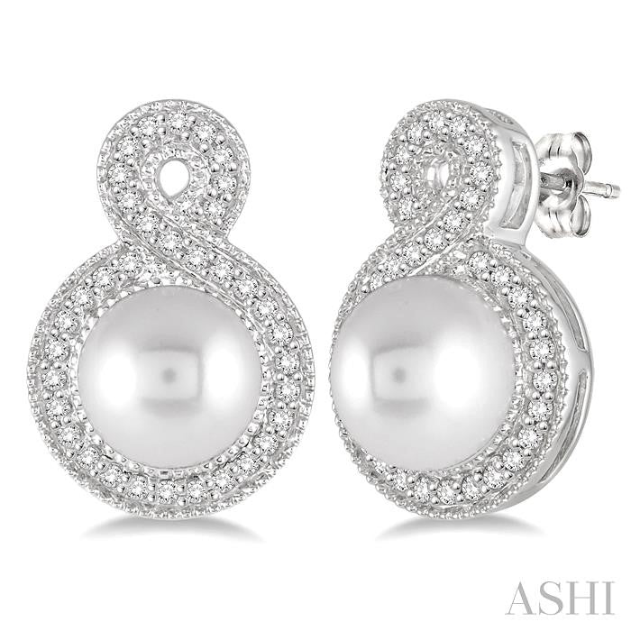 6x6 MM Round Shape Cultured Pearls and 1/4 Ctw Round Cut Diamond Fancy Earrings in 10K White Gold