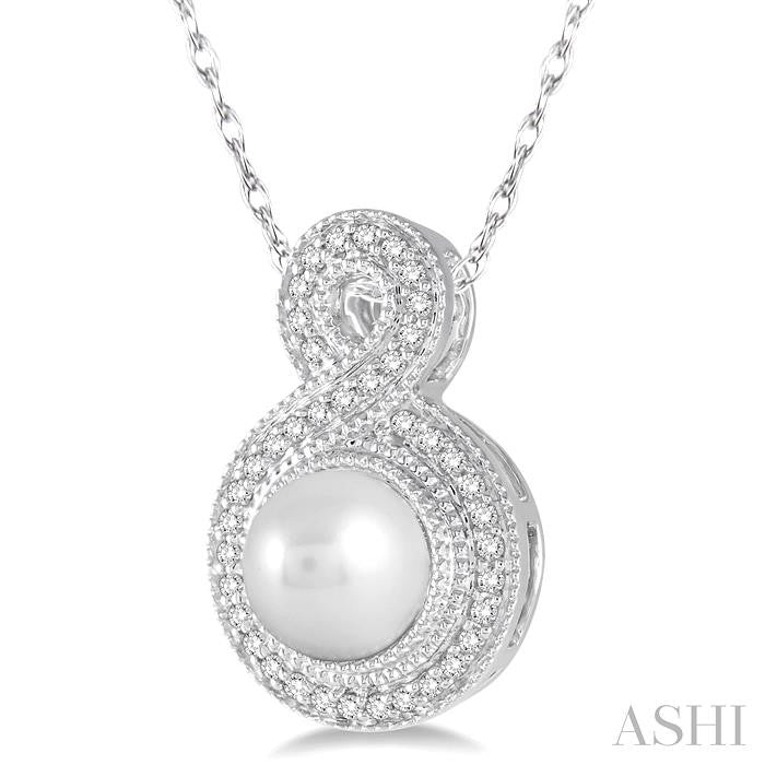 7x7 MM Round Shape Cultured Pearl and 1/6 Ctw Round Cut Diamond Fancy Pendant in 10K White Gold with Chain