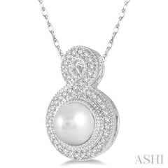 7x7 MM Round Shape Cultured Pearl and 1/6 Ctw Round Cut Diamond Fancy Pendant in 10K White Gold with Chain