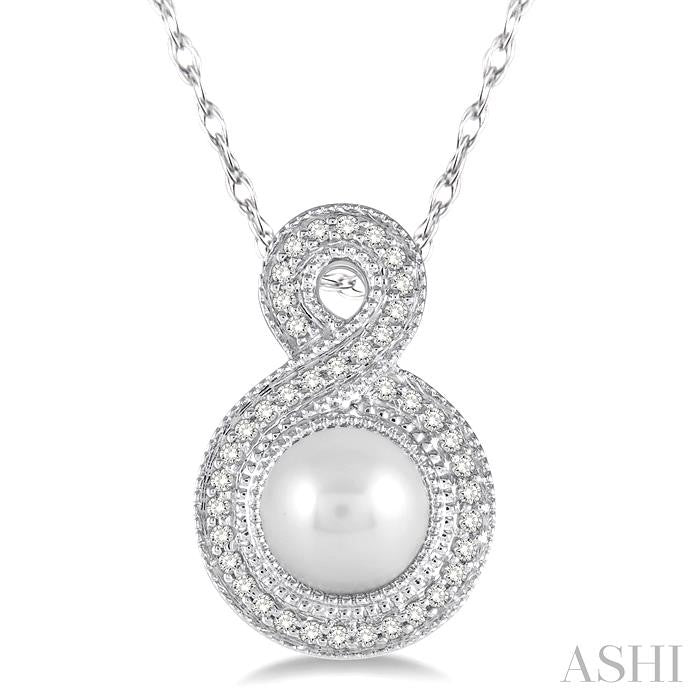 7x7 MM Round Shape Cultured Pearl and 1/6 Ctw Round Cut Diamond Fancy Pendant in 10K White Gold with Chain
