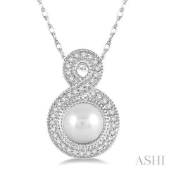 7x7 MM Round Shape Cultured Pearl and 1/6 Ctw Round Cut Diamond Fancy Pendant in 10K White Gold with Chain