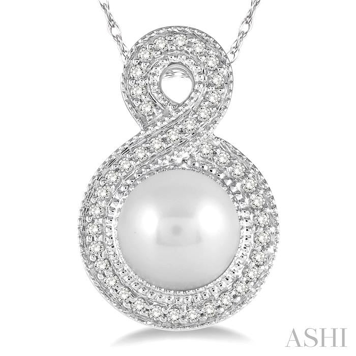 7x7 MM Round Shape Cultured Pearl and 1/6 Ctw Round Cut Diamond Fancy Pendant in 10K White Gold with Chain