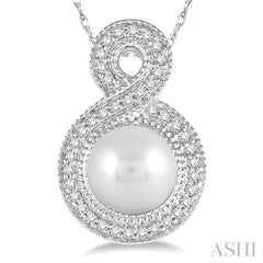 7x7 MM Round Shape Cultured Pearl and 1/6 Ctw Round Cut Diamond Fancy Pendant in 10K White Gold with Chain