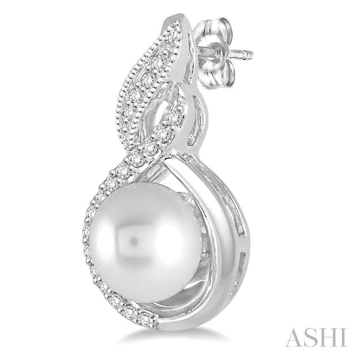 6 MM Round Shape Cultured Pearls and 1/10 Ctw Round Cut Diamond Fancy Earrings in 10K White Gold