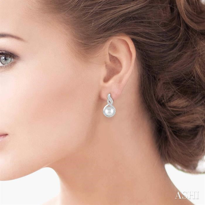 6 MM Round Shape Cultured Pearls and 1/10 Ctw Round Cut Diamond Fancy Earrings in 10K White Gold