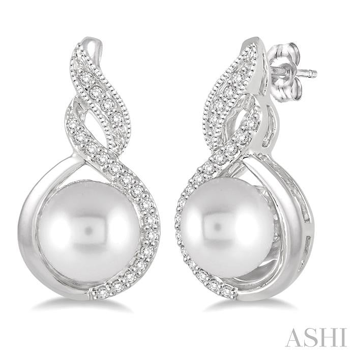 6 MM Round Shape Cultured Pearls and 1/10 Ctw Round Cut Diamond Fancy Earrings in 10K White Gold