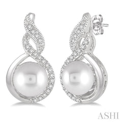 6 MM Round Shape Cultured Pearls and 1/10 Ctw Round Cut Diamond Fancy Earrings in 10K White Gold