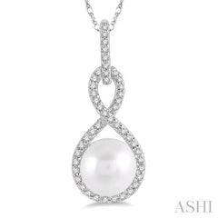 7x7 MM Round Shape Cultured Pearl and 1/6 Ctw Twisted Loop Round Cut Diamond Pendant With Chain in 10K White Gold