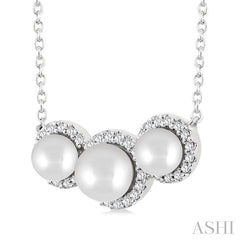 5MM & 4MM Cultured Pearl and 1/6 Ctw Round Cut Diamond Halo Pendant With Chain in 14K White Gold