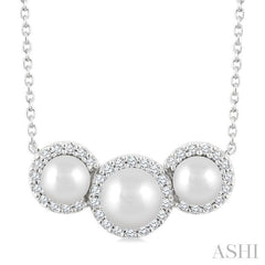 5MM & 4MM Cultured Pearl and 1/6 Ctw Round Cut Diamond Halo Pendant With Chain in 14K White Gold