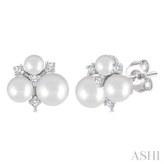 3MM, 4MM & 5MM Cultured Pearl and 1/10 Ctw Round Cut Diamond Fashion Earrings in 10K White Gold