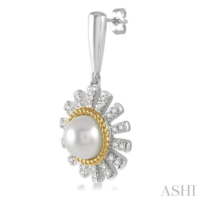 6x6 MM Round Shape Cultured Pearls and 1/5 Ctw Sunflower Round Cut Diamond Earring in 10K White and Yellow Gold
