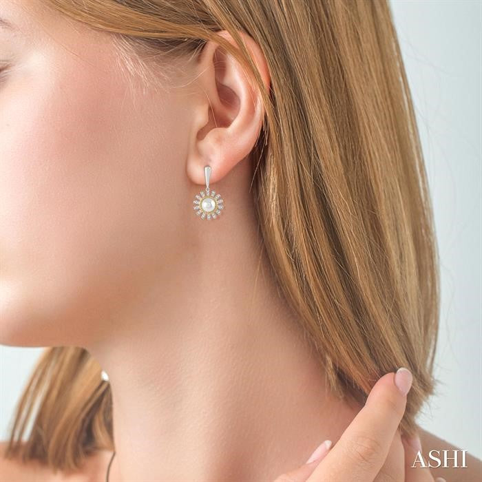 6x6 MM Round Shape Cultured Pearls and 1/5 Ctw Sunflower Round Cut Diamond Earring in 10K White and Yellow Gold