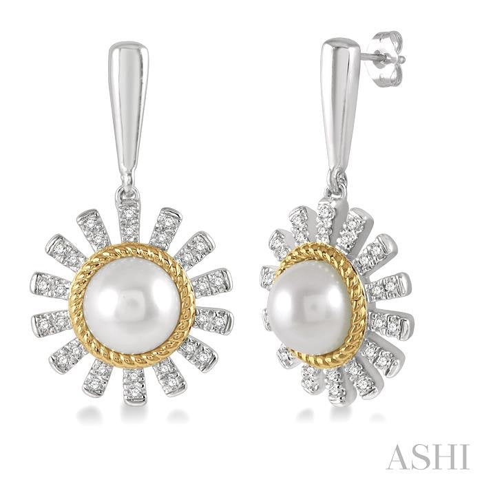 6x6 MM Round Shape Cultured Pearls and 1/5 Ctw Sunflower Round Cut Diamond Earring in 10K White and Yellow Gold