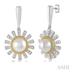 6x6 MM Round Shape Cultured Pearls and 1/5 Ctw Sunflower Round Cut Diamond Earring in 10K White and Yellow Gold