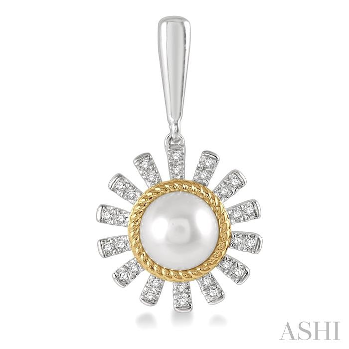 6x6 MM Round Shape Cultured Pearls and 1/5 Ctw Sunflower Round Cut Diamond Earring in 10K White and Yellow Gold