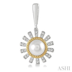 6x6 MM Round Shape Cultured Pearls and 1/5 Ctw Sunflower Round Cut Diamond Earring in 10K White and Yellow Gold