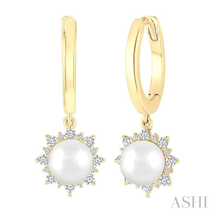 5.5 MM Round Shape Cultured Pearls and 1/5 Ctw Petite Round Cut Diamond Fashion Huggies in 10K Yellow Gold