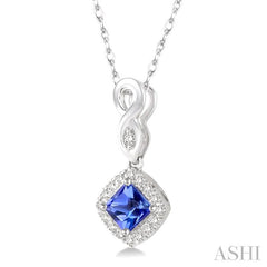 4x4 MM Cushion Shape Tanzanite and 1/10 Ctw Round Cut Diamond Pendant in 10K White Gold with Chain