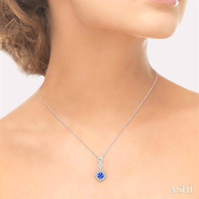 4x4 MM Cushion Shape Tanzanite and 1/10 Ctw Round Cut Diamond Pendant in 10K White Gold with Chain