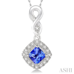 4x4 MM Cushion Shape Tanzanite and 1/10 Ctw Round Cut Diamond Pendant in 10K White Gold with Chain