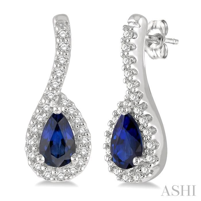 5x3 MM Hanging Arm Pear Cut Sapphire and 1/6 Ctw Round Cut Diamond Precious Earring in 10K White Gold