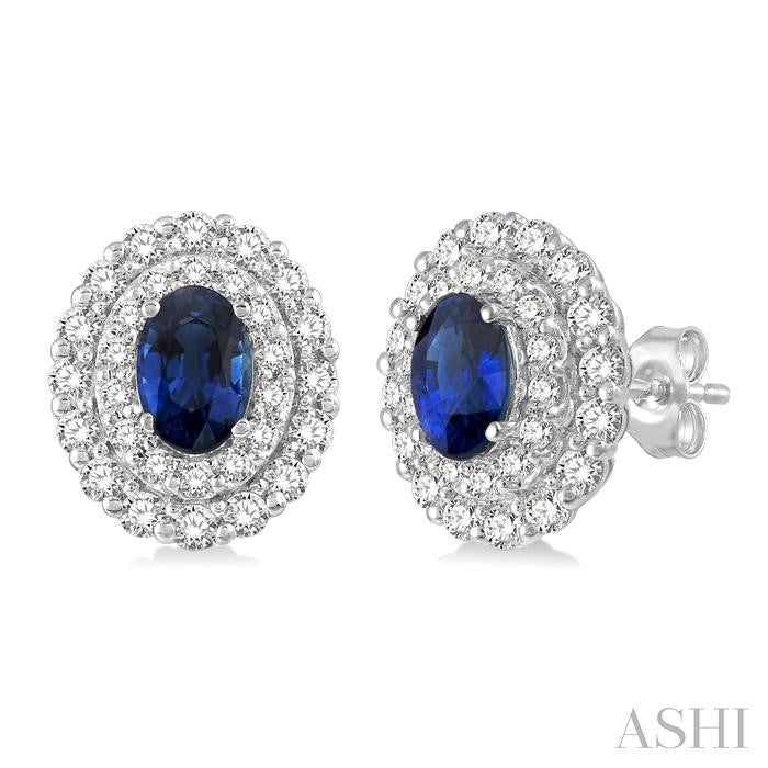 6x4 MM Oval Shape Sapphire and 3/4 Ctw Round Cut Diamond Precious Earrings in 14K White Gold
