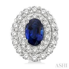 6x4 MM Oval Shape Sapphire and 3/4 Ctw Round Cut Diamond Precious Earrings in 14K White Gold
