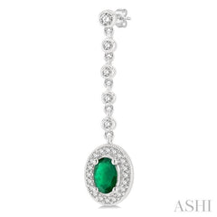 6x4 MM Oval Shape Emerald and 3/8 Ctw Round Cut Diamond Drop Earrings in 14K White Gold