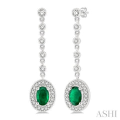 6x4 MM Oval Shape Emerald and 3/8 Ctw Round Cut Diamond Drop Earrings in 14K White Gold