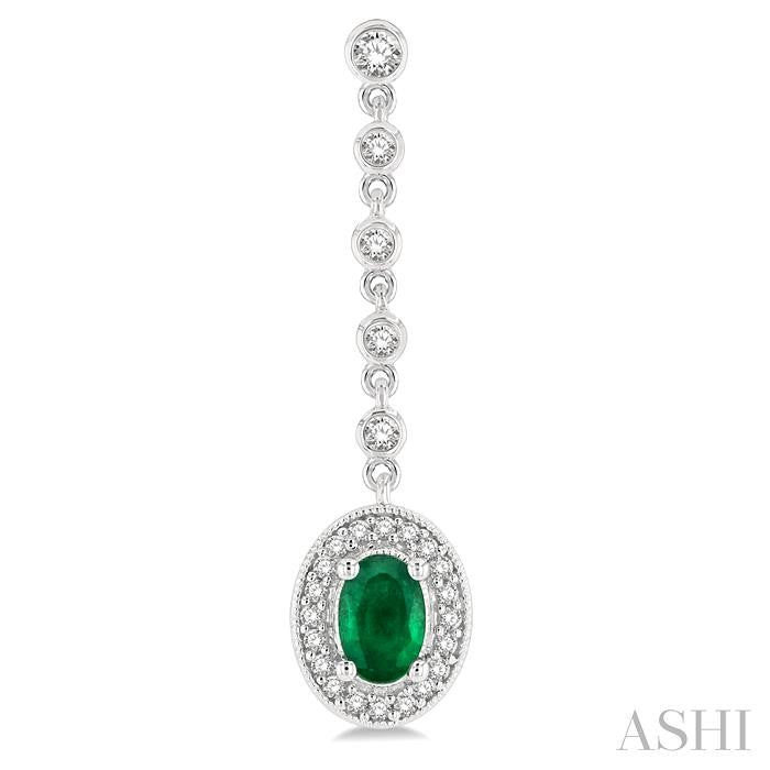 6x4 MM Oval Shape Emerald and 3/8 Ctw Round Cut Diamond Drop Earrings in 14K White Gold