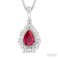 6x4 MM Pear Shape Ruby and 1/5 Ctw Baguette and Round Cut Diamond Precious Pendant With Chain in 14K White Gold