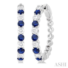 2.7 MM Round Cut Sapphire and 7/8 Ctw Round Cut Diamond Precious Hoop Earring in 14K White Gold