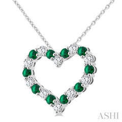 2.3 MM Round Cut Emerald and 1/2 Ctw Open Heart Round Cut Diamond Precious Fashion Pendant With Chain in 14K White Gold